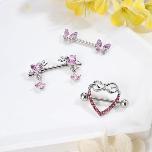 FIASASO 7 أزواج من حلقات الحلمة للنساء من الفولاذ الجراحي للحلمات مع قلب لطيف على شكل فراشة تشيكوسلوفاكيا الحديد مجموعة ثقب الحلمة مجوهرات ثقب الجسم 14 Guage in Kuwait