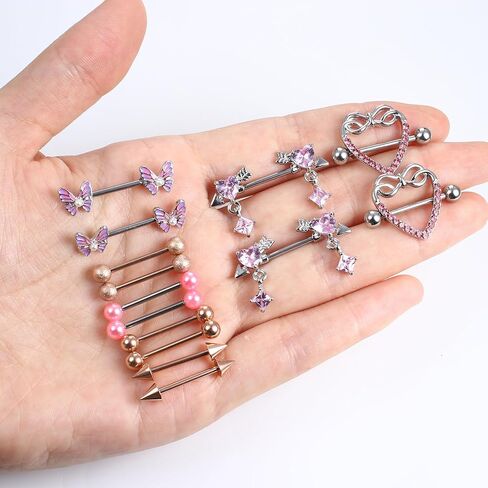 FIASASO 7 أزواج من حلقات الحلمة للنساء من الفولاذ الجراحي للحلمات مع قلب لطيف على شكل فراشة تشيكوسلوفاكيا الحديد مجموعة ثقب الحلمة مجوهرات ثقب الجسم 14 Guage in Kuwait