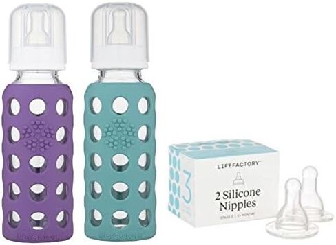 Lifefactory 9oz Glass Baby Bottle 2pk Bundle with 2 Stage 3 Nipples (Kale/Raspberry) in Saudi Arabia