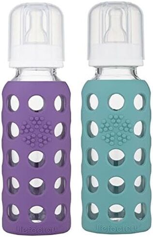 Lifefactory 9oz Glass Baby Bottle 2pk Bundle with 2 Stage 3 Nipples (Kale/Raspberry) in Saudi Arabia