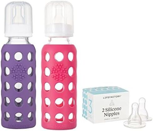 Lifefactory 9oz Glass Baby Bottle 2pk Bundle with 2 Stage 3 Nipples (Kale/Raspberry) in Saudi Arabia