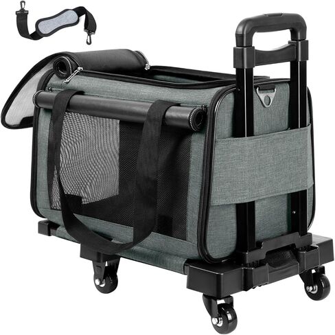 WOYYHO Shading Pet Cat Carrier with Wheels Airline Approved Rolling Pet Carrier for Small Medium Dog Cat Carrier on Wheels for Flight with Telescopic Handle and Silent Wheels, Black in Kuwait