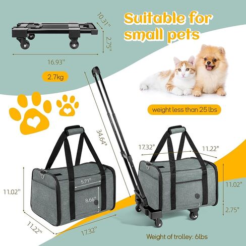 WOYYHO Shading Pet Cat Carrier with Wheels Airline Approved Rolling Pet Carrier for Small Medium Dog Cat Carrier on Wheels for Flight with Telescopic Handle and Silent Wheels, Black in Kuwait