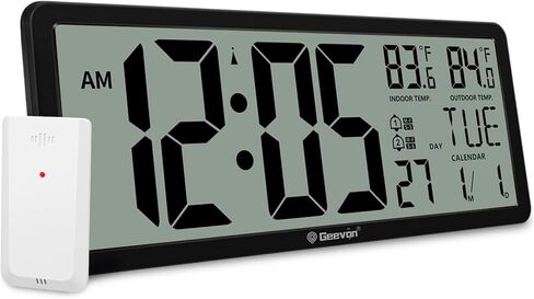 Geevon 14.3"Large Atomic Clock with Indoor Outdoor Temperature,Digital Wall Clock Battery Operated with Dual Alarm Clock,4.4"Jumbo Digits,Day and Date for Home Bedroom Office Elderly(1 Outdoor Sensor) in Kuwait