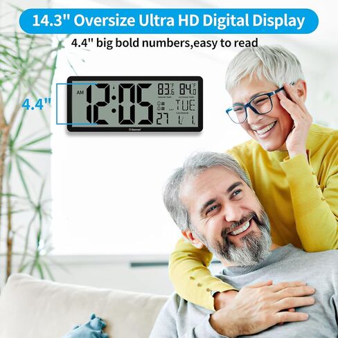 Geevon 14.3"Large Atomic Clock with Indoor Outdoor Temperature,Digital Wall Clock Battery Operated with Dual Alarm Clock,4.4"Jumbo Digits,Day and Date for Home Bedroom Office Elderly(1 Outdoor Sensor) in Kuwait