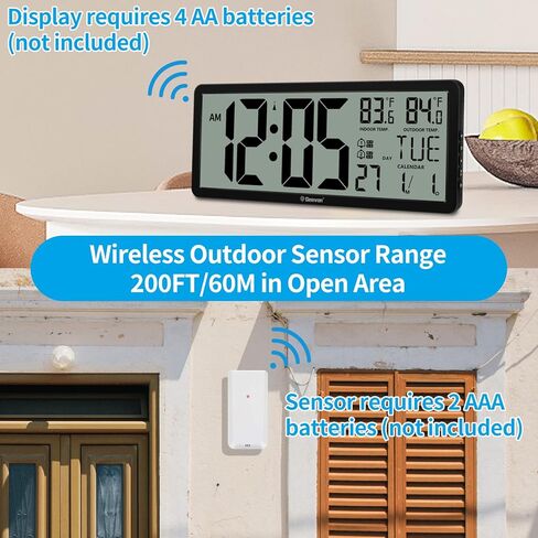 Geevon 14.3"Large Atomic Clock with Indoor Outdoor Temperature,Digital Wall Clock Battery Operated with Dual Alarm Clock,4.4"Jumbo Digits,Day and Date for Home Bedroom Office Elderly(1 Outdoor Sensor) in Kuwait
