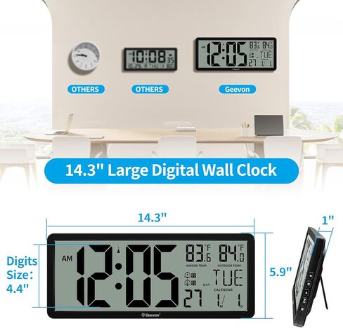 Geevon 14.3"Large Atomic Clock with Indoor Outdoor Temperature,Digital Wall Clock Battery Operated with Dual Alarm Clock,4.4"Jumbo Digits,Day and Date for Home Bedroom Office Elderly(1 Outdoor Sensor) in Kuwait