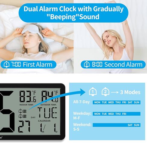 Geevon 14.3"Large Atomic Clock with Indoor Outdoor Temperature,Digital Wall Clock Battery Operated with Dual Alarm Clock,4.4"Jumbo Digits,Day and Date for Home Bedroom Office Elderly(1 Outdoor Sensor) in Kuwait
