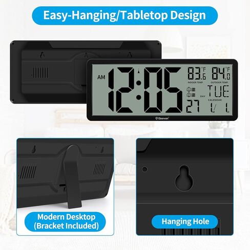 Geevon 14.3"Large Atomic Clock with Indoor Outdoor Temperature,Digital Wall Clock Battery Operated with Dual Alarm Clock,4.4"Jumbo Digits,Day and Date for Home Bedroom Office Elderly(1 Outdoor Sensor) in Kuwait