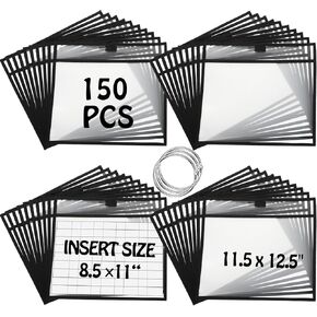 Teling 150 Pcs Dry Erase Pockets Reusable Job Tickets Holders Plastic Sleeves Bulk Work Order Sleeve Shop Ticket Holders Folders Protectors for Office Supplies(11.5 x 12.5'',Black)