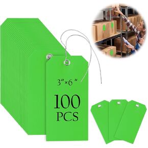 100 Pieces 3x6 inch Large Plastic Shipping Tags with String Heavy Duty Waterproof Hang Tags with String Attached Writable Wire Tags Labels for Luggage Garage Inventory Car Parts (Green)