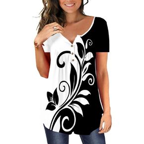 Ulovmi Womens Tunic Tops to Wear with Leggings Summer Short Sleeve Henley Blouses Casual Ruffles Button Up Shirts Red Plaid 2XL