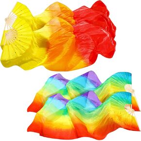 Qunclay Artificial Silk Bamboo Fans Veils Long Belly Dance Silk Fan Colorful Dancing Fabric Fans Gradient Worship Flags for Dance Dancer Women Dancing Show Arts