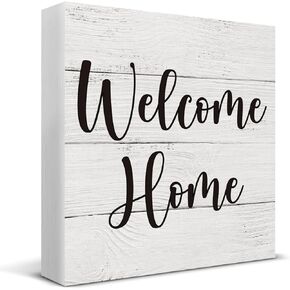 Welcome Home Wooden Box Sign Desk Decor, Farmhouse Quote Wood Box Sign for Home Shelf Table Decoration 5 X 5 Inch