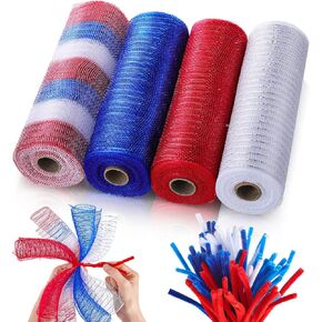 Wreath Making Supplies 4 Rolls Easter Mesh Ribbon 10 Inch x 30 Feet Metallic Poly Mesh Decor and 100 Pieces Wreath Tube Cleaners Chenille Stems(Blue, Light Yellow, Pink, Yellow)