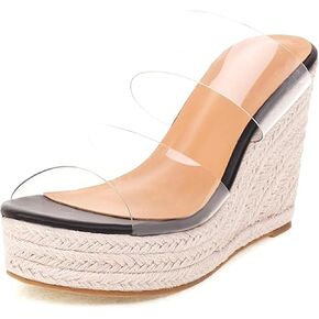WIRALOMI Women Clear Wedge Heel Sandals Slip On Espadrilles Platform Sandals Slide Summer Beach Crystal Mules Sandals