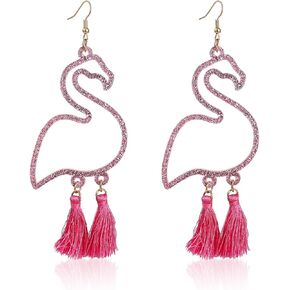 Pink Flamingo Exaggerated Long Dangle Drop Earrings Retro Creative Hollow Fashion Cute Animal Bird Boho Jewelry for Women Girls