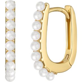 SWEETV 14K Gold Plated 925 Sterling Silver Post U-Shaped Square Hoop Earrings -Rectangle Gold Hoop Earrings for Women Girls Cubic Zirconia