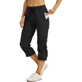 Willit Women's Woven Capris Hiking Travel Pants Striped Workout Drawstring Pants with Pockets Lightweight Quick Dry