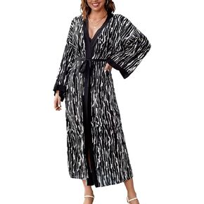 فستان بدلة استحمام نسائي طويل مفتوح من الأمام من Chunoy مطبوع عليه شجرة جوز الهند، كارديجان خفيف الوزن وأكمام طويلة، غطاء كيمونو باللون الأسود in Kuwait