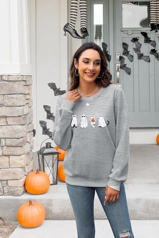 MNLYBABY Halloween Cat Sweatshirt Women Funny Cat Ghost Graphic Shirt Gifts Spooky Long Sleeve Crewneck Shirt Tops in Kuwait