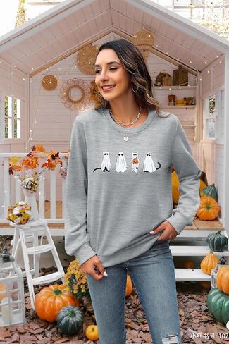 MNLYBABY Halloween Cat Sweatshirt Women Funny Cat Ghost Graphic Shirt Gifts Spooky Long Sleeve Crewneck Shirt Tops in Kuwait