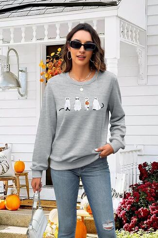MNLYBABY Halloween Cat Sweatshirt Women Funny Cat Ghost Graphic Shirt Gifts Spooky Long Sleeve Crewneck Shirt Tops in Kuwait