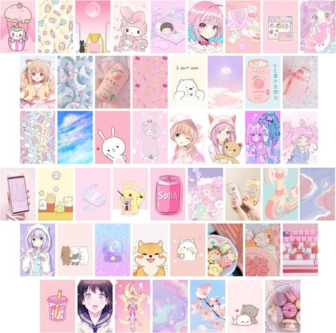 l1rabe 50pcs kawaii أنيمي الجمالية صورة جدار الفن التصويري كيت الوردي الكرتون تجميعها مجموعة بطاقة الطباعة، المدرسة النوم ملصق الصورة عرض نمط عصري، ديكور غرفة الفتيات الحلو لطيف مجمعة عدة هدايا السنة الجديدة in Kuwait