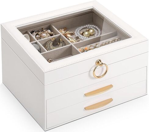 SOLEDI White Jewelry Box for Women, 3 Layers 2 Drawers Jewelry Organizer box with Clear Glass lid, Large Jewelry Storage Boxes for Big and Small Jewelry, Valentine's Day Gift in Kuwait