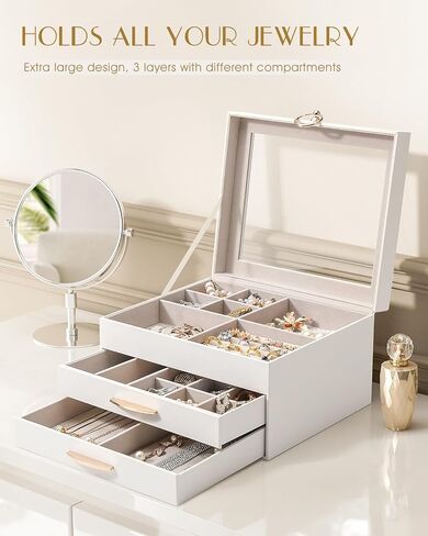 SOLEDI White Jewelry Box for Women, 3 Layers 2 Drawers Jewelry Organizer box with Clear Glass lid, Large Jewelry Storage Boxes for Big and Small Jewelry, Valentine's Day Gift in Kuwait