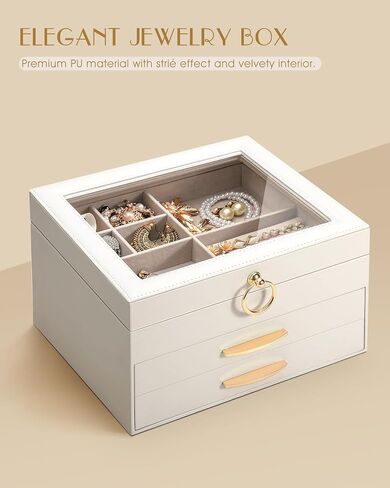 SOLEDI White Jewelry Box for Women, 3 Layers 2 Drawers Jewelry Organizer box with Clear Glass lid, Large Jewelry Storage Boxes for Big and Small Jewelry, Valentine's Day Gift in Kuwait