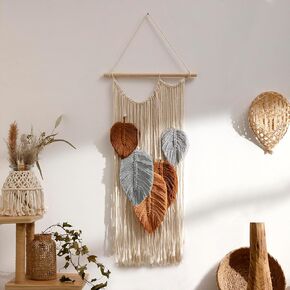 Artilady Macrame Tapestry Wall Hanging - Hand Woven Boho Tapestry Fall Leaves Wall Decor, Small Tassels Brown Yarn Hanging Ornament Decor for Bedroom Living Room Dorm (Brown Leaves)