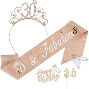 30th Birthday Decorations for Her, 30th Birthday Sash and Crown Tiara, 30th Birthday Candles, Birthday Cake Toppers, 30th Birthday Gifts 30th Birthday Decorations for Women Fabulous 30th Sash