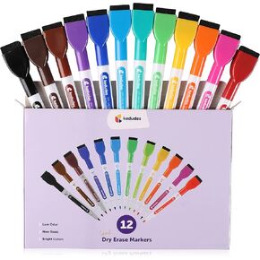 12 White Board Markers Dry Erase Marker Set | Magnetic Eraser, Skinny Fine Point, Colorful Dry Erase Markers | Magnet Whiteboard Markers, Odorless, Non-Toxic for Kids, Teachers, Office, School