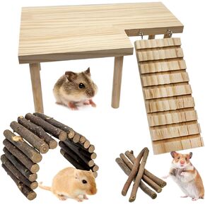 Niwaes Wooden Hamster Platform with Legs, Large Syrian Hamsters Climbing Platforms with Ramp Kit Wood Ladder Bridge Rat Playing Toy Standing Table Gerbil Cage Accessories