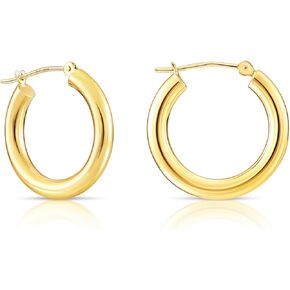 14k Yellow Gold Classic Shiny Polished Round Hoop Earrings, 3mm tube