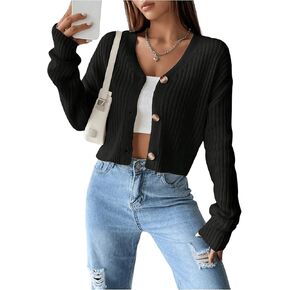SHENHE Women's Ribbed Knit V Neck Button Down Long Sleeve Drop Shoulder Cardigan Sweater