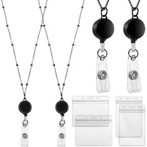 Outus 2 Pieces Badge Lanyard with ID Holders Stainless Steel Badge Necklace Retractable Reel Clip Chain Water Resistant Name Badge Holders(Black)