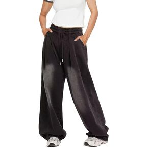 Wide Leg Jeans for Women Drawstring High Waist Pull On Denim Pants Vintage Casual Baggy Boyfriend Mom Jeans