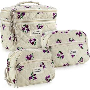 ZERFLUMP Cute Quilted Floral Makeup Bag(3Pcs)，Coquette Aesthetic Cosmetic Bag，Travel Toiletry Bags， Kawaii Aesthetic pouch for Women (Little Blue Flower)