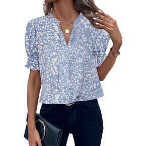 Milumia Women's Dalmatian Print Puff Short Sleeve Blouse Notched V Neck Shirt Work Tops