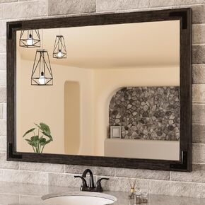 TETOTE 22x30 Inch Rustic Wooden Framed Wall Mirror, Natural Brown Dark Wood Bathroom Vanity Rectangle Mirror for Modern Farmhouse Boho Decor, Horizontal/Vertical, Easy to Install