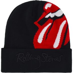 The Rolling Stones Beanie Hat, Winter Knit Cap with Rubber Patch Lips Logo and Cuff, Black, One Size