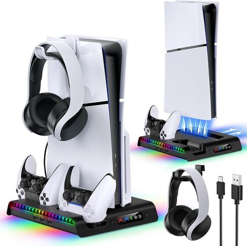 FASTSNAIL Charging Stand with Cooling Fan for PS5 Slim Console, Dual Controller Charger Station with 9 RGB Lights & Headset Hook & 3-Level Silent Fan, Cooler Accessories for PS5 Slim Digital/Disc in Kuwait