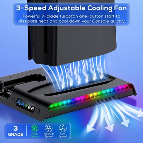 FASTSNAIL Charging Stand with Cooling Fan for PS5 Slim Console, Dual Controller Charger Station with 9 RGB Lights & Headset Hook & 3-Level Silent Fan, Cooler Accessories for PS5 Slim Digital/Disc in Kuwait