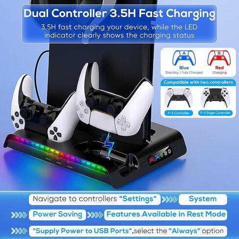 FASTSNAIL Charging Stand with Cooling Fan for PS5 Slim Console, Dual Controller Charger Station with 9 RGB Lights & Headset Hook & 3-Level Silent Fan, Cooler Accessories for PS5 Slim Digital/Disc in Kuwait