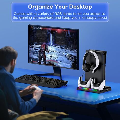 FASTSNAIL Charging Stand with Cooling Fan for PS5 Slim Console, Dual Controller Charger Station with 9 RGB Lights & Headset Hook & 3-Level Silent Fan, Cooler Accessories for PS5 Slim Digital/Disc in Kuwait