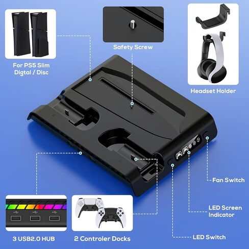 FASTSNAIL Charging Stand with Cooling Fan for PS5 Slim Console, Dual Controller Charger Station with 9 RGB Lights & Headset Hook & 3-Level Silent Fan, Cooler Accessories for PS5 Slim Digital/Disc in Kuwait