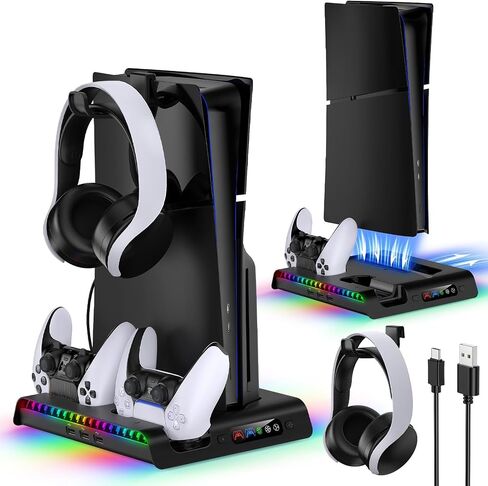 FASTSNAIL Charging Stand with Cooling Fan for PS5 Slim Console, Dual Controller Charger Station with 9 RGB Lights & Headset Hook & 3-Level Silent Fan, Cooler Accessories for PS5 Slim Digital/Disc in Kuwait