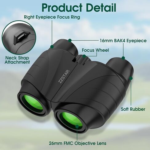 ZZSTAR 10x25 مناظير عالية الطاقة للبالغين، مناظير كبيرة مدمجة مع رؤية واضحة منخفضة الإضاءة، من السهل التركيز على منظار صغير قابل للطي لمشاهدة الطيور، والسفر، والصيد، والمشي لمسافات طويلة، والحفلات الموسيقية in Kuwait